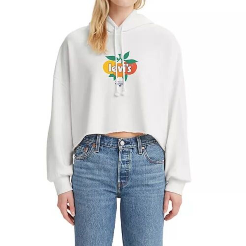 Levi's Women's Cropped Graphic Hoodie Sweatshirt Relaxed Raw Hem Size XL White